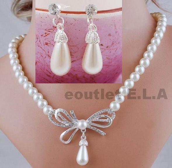 BUTTERFLY BOW FAUX PEARLS NECKLACE N EARRINGS WEDDING SET